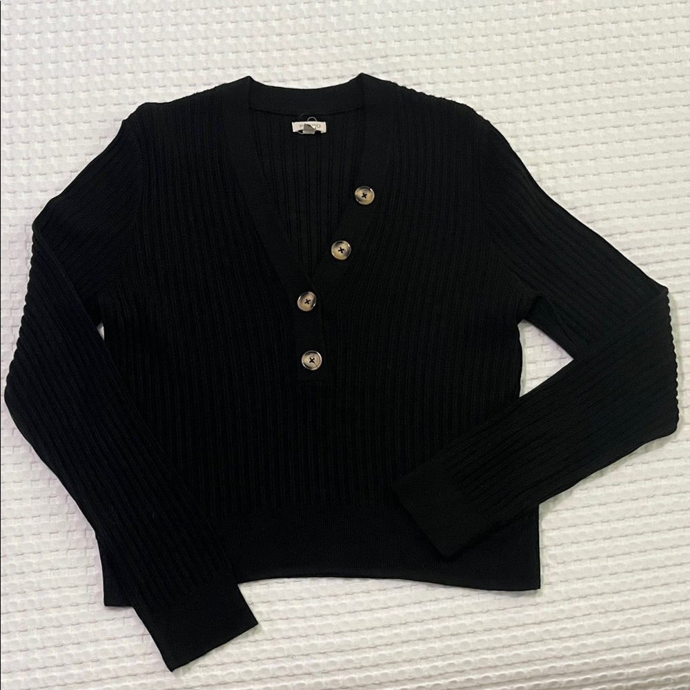 Women's Black Ribbed V-Neck Sweater with Accent Buttons